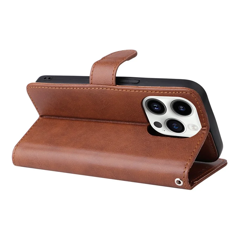For iPhone 14 Pro Case 2 in 1 Detachable Magnetic Leather Wallet Mobile Cover with Strap - Brown