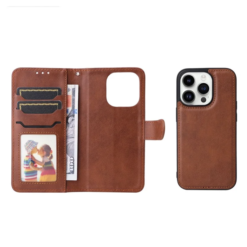 For iPhone 14 Pro Case 2 in 1 Detachable Magnetic Leather Wallet Mobile Cover with Strap - Brown