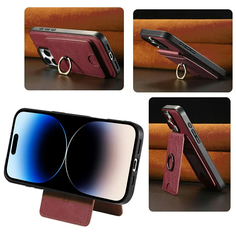 For iPhone 14 Pro Max Magnetic Case PC + PU Phone Back Cover with Detachable Card Holder - Red