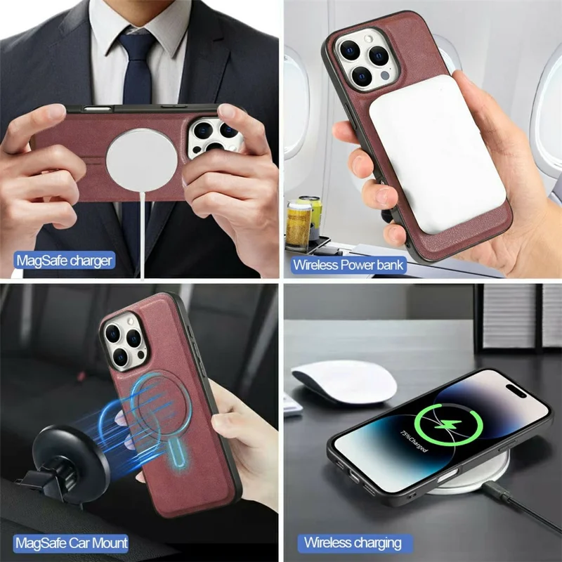 For iPhone 14 Pro Max Magnetic Case PC + PU Phone Back Cover with Detachable Card Holder - Red