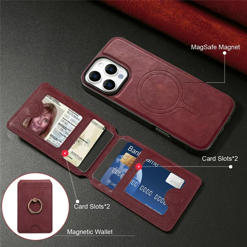 For iPhone 14 Pro Max Magnetic Case PC + PU Phone Back Cover with Detachable Card Holder - Red