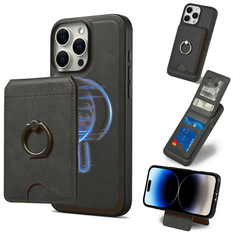 Für iPhone 14 Pro Magnetische Hülle PC + PU Handyrückseite mit abnehmbarem Kartenhalter - Schwarz