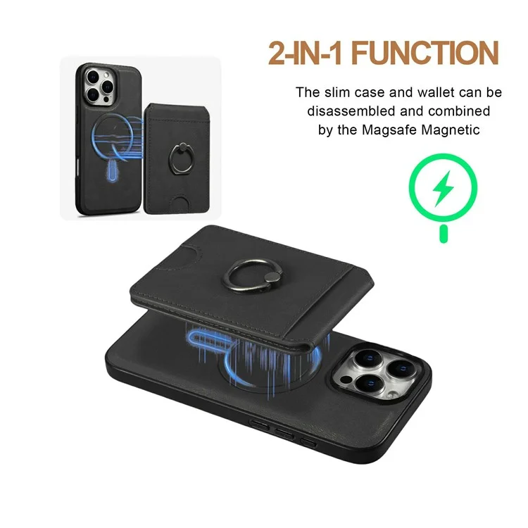 Für iPhone 14 Pro Magnetische Hülle PC + PU Handyrückseite mit abnehmbarem Kartenhalter - Schwarz