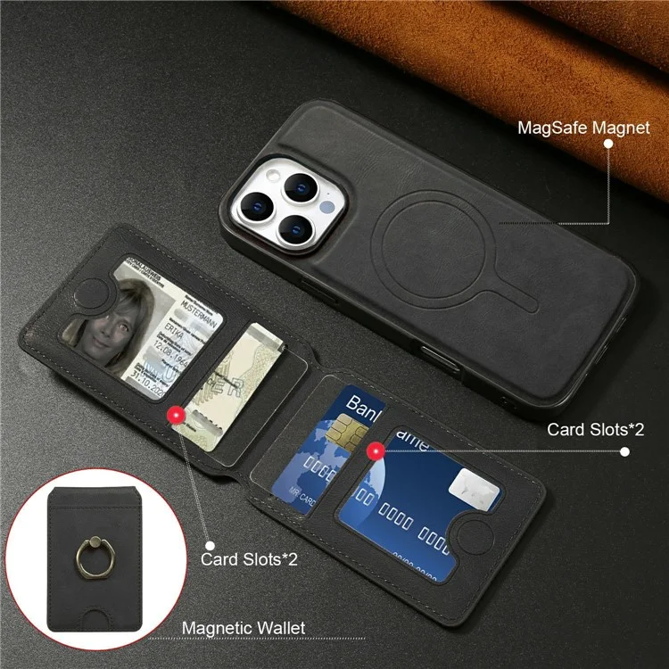 Für iPhone 14 Pro Magnetische Hülle PC + PU Handyrückseite mit abnehmbarem Kartenhalter - Schwarz