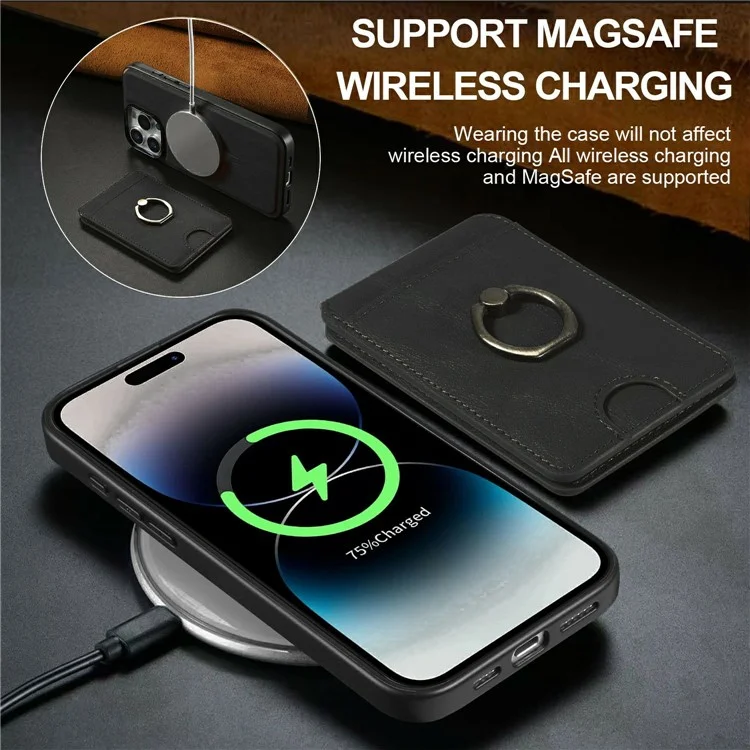 Für iPhone 14 Pro Magnetische Hülle PC + PU Handyrückseite mit abnehmbarem Kartenhalter - Schwarz