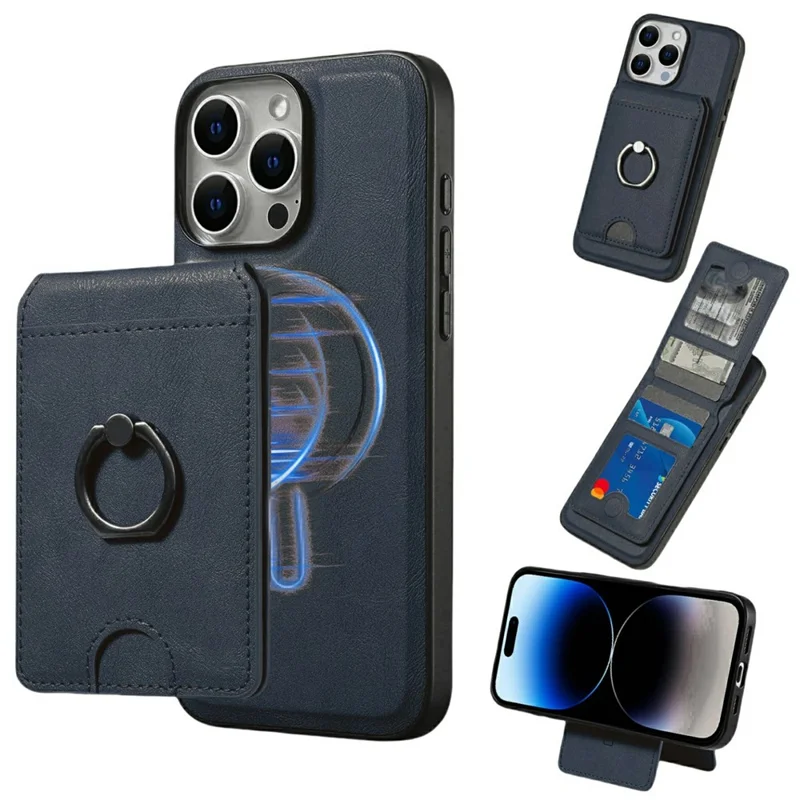 For iPhone 14 Pro Magnetic Case PC + PU Phone Back Cover with Detachable Card Holder - Blue