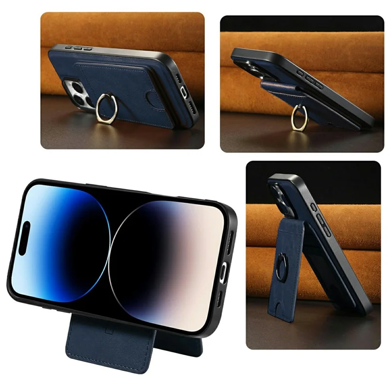 For iPhone 14 Pro Magnetic Case PC + PU Phone Back Cover with Detachable Card Holder - Blue