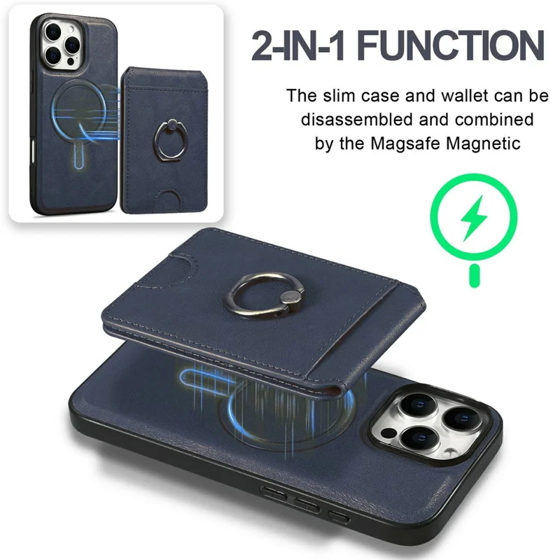 For iPhone 14 Pro Magnetic Case PC + PU Phone Back Cover with Detachable Card Holder - Blue
