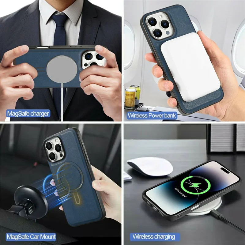 For iPhone 14 Pro Magnetic Case PC + PU Phone Back Cover with Detachable Card Holder - Blue