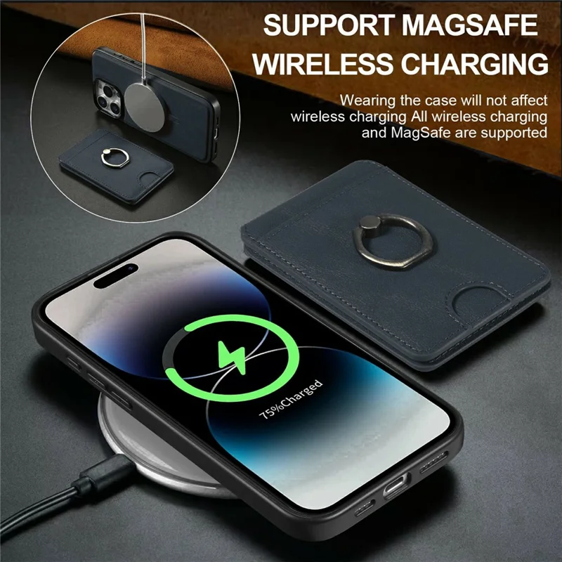 For iPhone 14 Pro Magnetic Case PC + PU Phone Back Cover with Detachable Card Holder - Blue