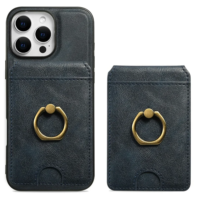 For iPhone 14 Pro Magnetic Case PC + PU Phone Back Cover with Detachable Card Holder - Blue