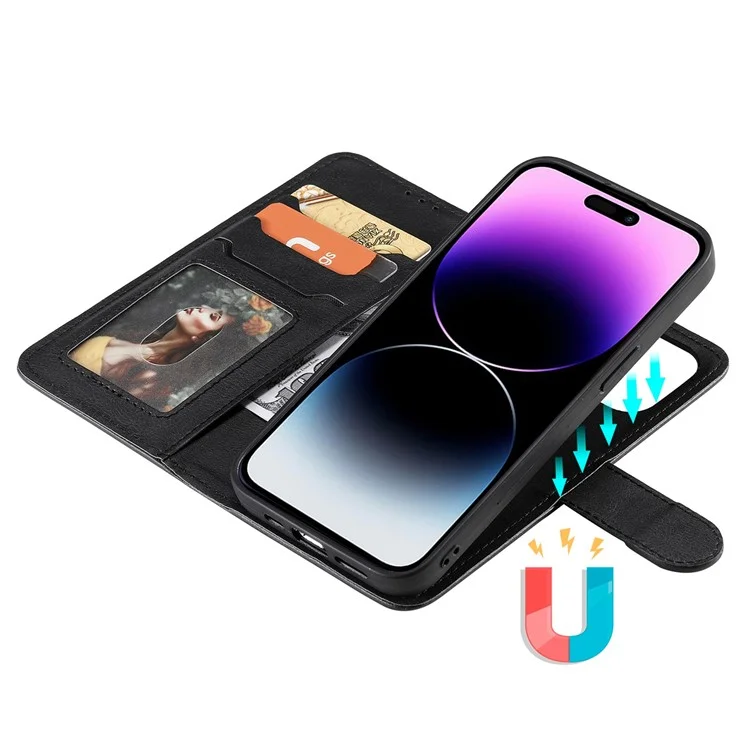 For iPhone 14 Pro Max Case 2 in 1 Detachable Magnetic Leather Wallet Mobile Cover with Strap - Black