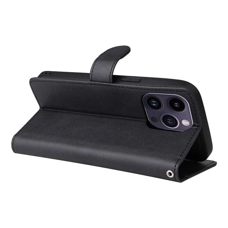 For iPhone 14 Pro Max Case 2 in 1 Detachable Magnetic Leather Wallet Mobile Cover with Strap - Black