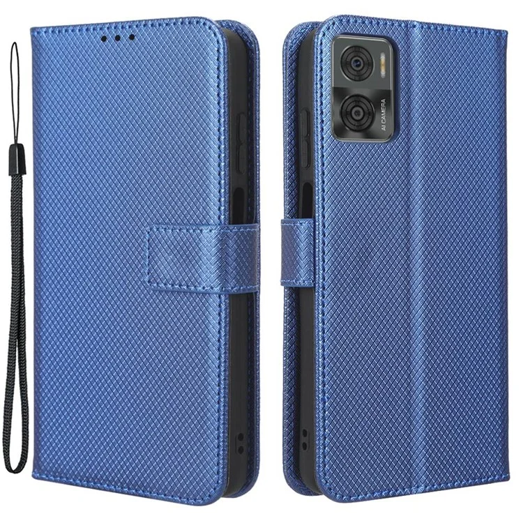 Для Motorola Moto E22 4G / E22i 4G Flip Folio Book PU Leather Phone Case Diamond Texture Magnetic Closure Stand Wallet Cover with Strap - Blue