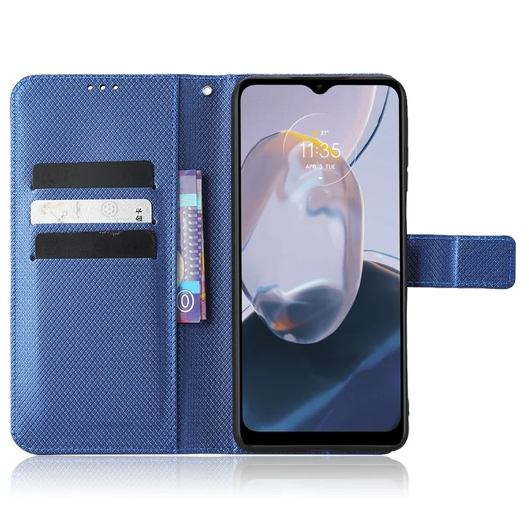 Для Motorola Moto E22 4G / E22i 4G Flip Folio Book PU Leather Phone Case Diamond Texture Magnetic Closure Stand Wallet Cover with Strap - Blue
