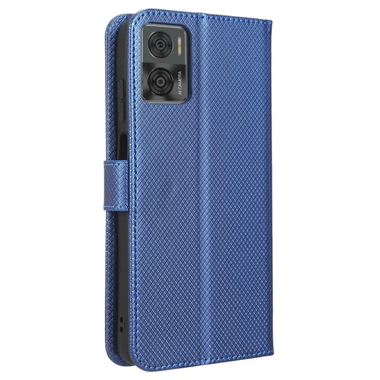 Для Motorola Moto E22 4G / E22i 4G Flip Folio Book PU Leather Phone Case Diamond Texture Magnetic Closure Stand Wallet Cover with Strap - Blue