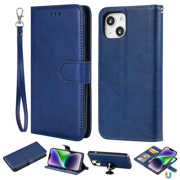 Für iPhone 14 KT Leather Series-3 Solid Color Abnehmbare 2-in-1 PU Leder Hülle Stand Geldbörse Magnetverschluss Handyhülle mit Riemen - Blau