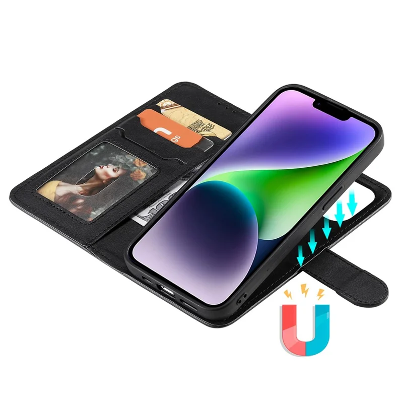 For iPhone 14 Case 2 in 1 Detachable Magnetic Leather Wallet Mobile Cover with Strap - Black