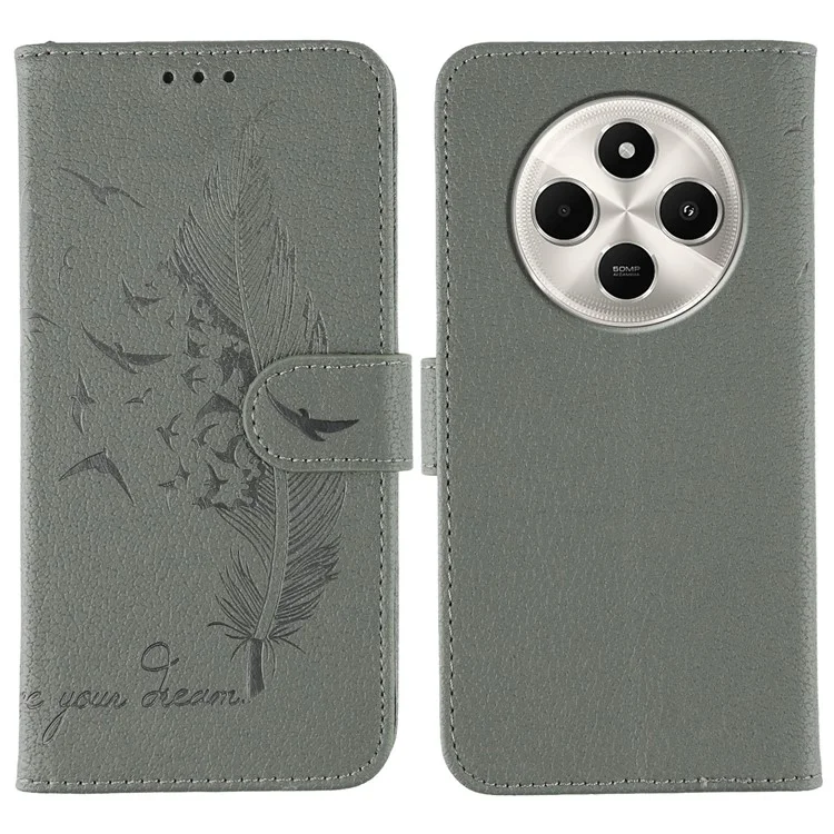 Phone Case For Xiaomi Poco C75 4G / Poco M7 5G  / Redmi 14C 4G / 14R 5G Feather Imprint PU Leather Wallet Cover - Grey