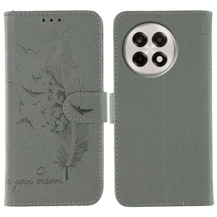 Cover a portafoglio in pelle PU con impronta di piuma per OnePlus Ace 5G / Ace 5 5G / 13R 5G - Grigio