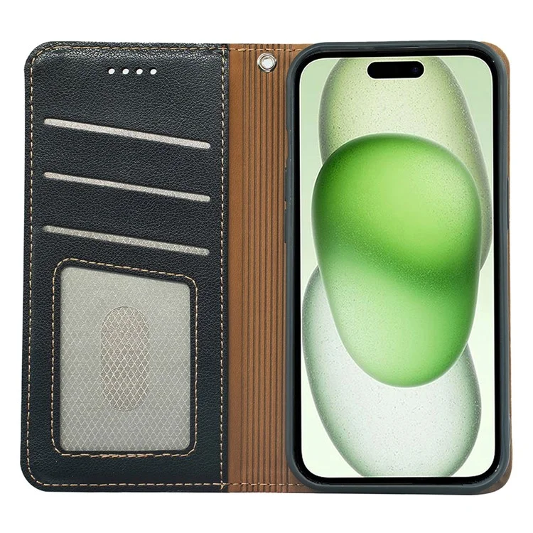 For iPhone 15 Case Wallet RFID Blocking Leather Phone Cover Strong Magnetic Closure - Black