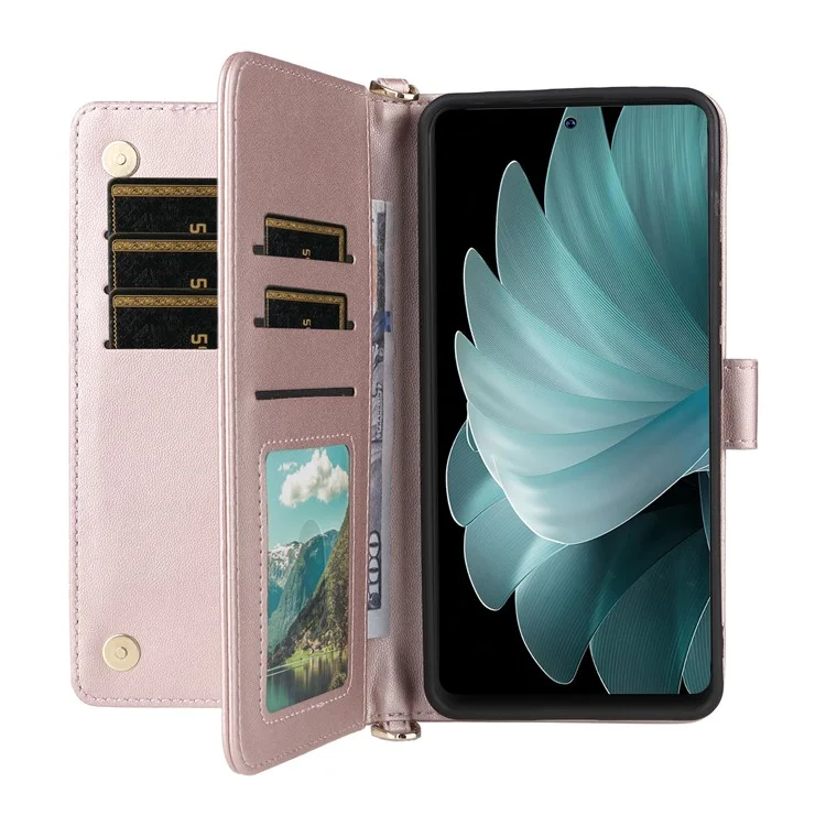 For Blackview Oscal Tiger 13 Wallet Case with Shoulder  /  Wrist Strap Leather Phone Cover Stand - Pink