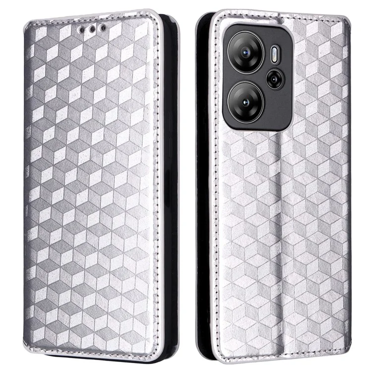 For Blackview Oscal Tiger 13 Case Wallet Rhombus Imprinted Leather Phone Cover - Silver