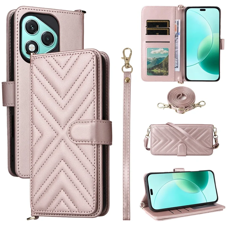 For Honor 400 Lite 5G Wallet Case with Shoulder / Wrist Strap Leather Phone Cover Stand - Pink