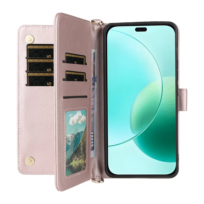 For Honor 400 Lite 5G Wallet Case with Shoulder / Wrist Strap Leather Phone Cover Stand - Pink