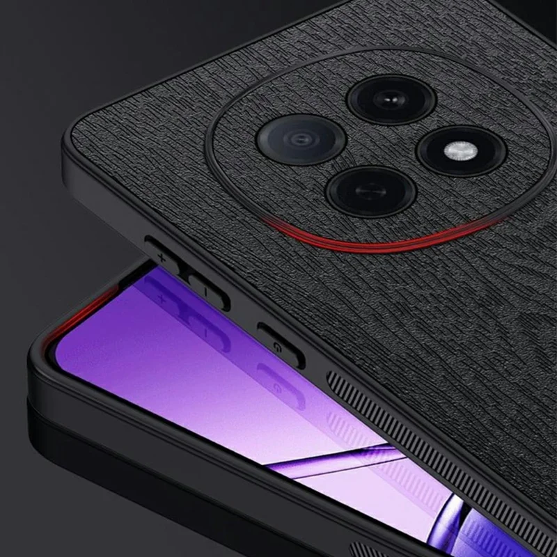 For Oppo A5 5G Case Wood Texture PU Leather Coated PC TPU Phone Cover - Black