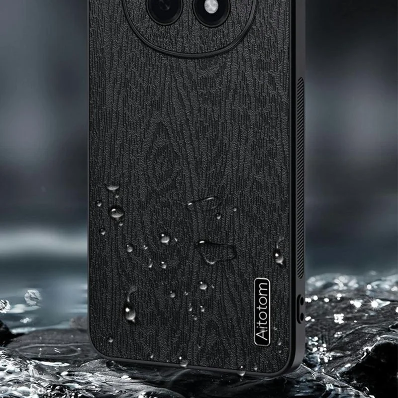 For Oppo A5 5G Case Wood Texture PU Leather Coated PC TPU Phone Cover - Black