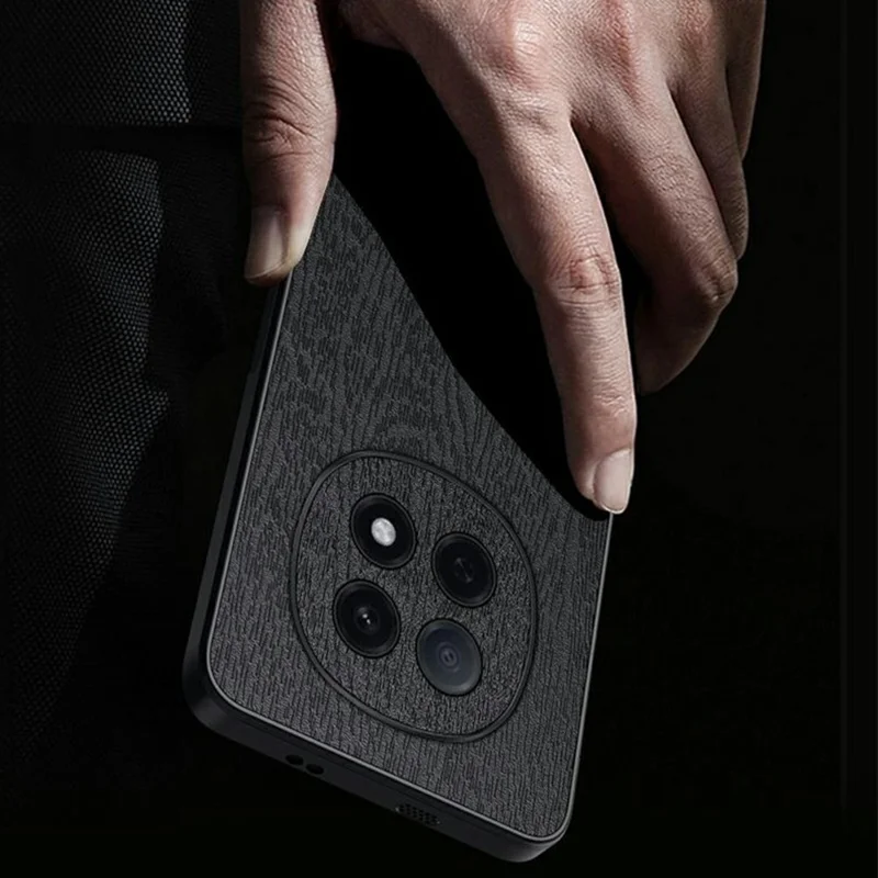 For Oppo A5 5G Case Wood Texture PU Leather Coated PC TPU Phone Cover - Black