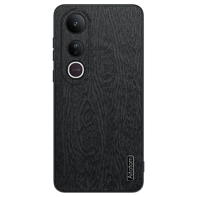 Für vivo V50 Lite 4G Hülle Holzstruktur PU-Leder beschichtet PC TPU Handyhülle - Schwarz