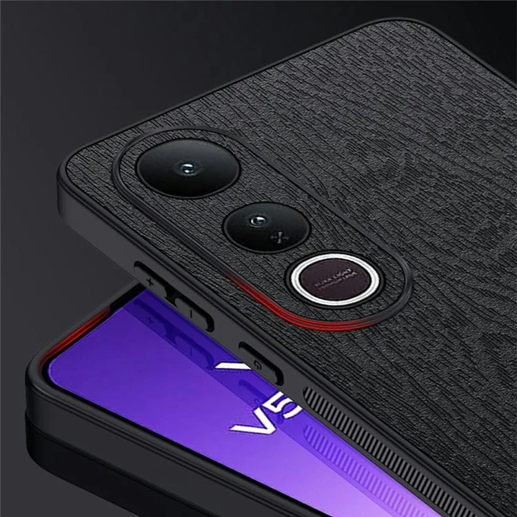 Für vivo V50 Lite 4G Hülle Holzstruktur PU-Leder beschichtet PC TPU Handyhülle - Schwarz