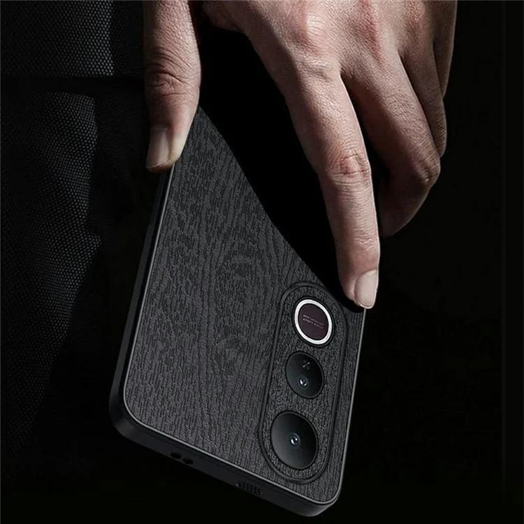 Für vivo V50 Lite 4G Hülle Holzstruktur PU-Leder beschichtet PC TPU Handyhülle - Schwarz