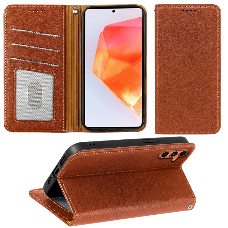 For Samsung Galaxy A35 5G Case Wallet RFID Blocking Leather Phone Cover Strong Magnetic Closure - Brown