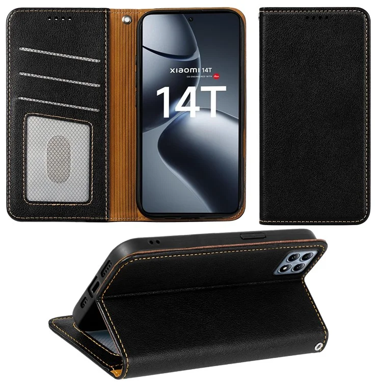 For Xiaomi 14T Case Wallet RFID Blocking Leather Phone Cover Strong Magnetic Closure - Black