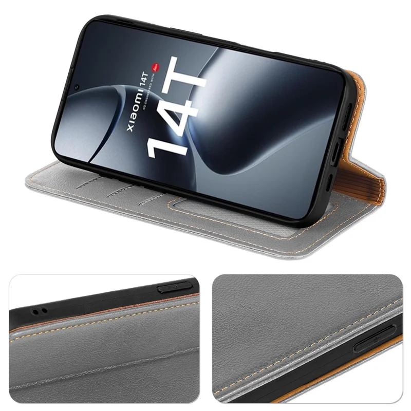 For Xiaomi 14T Case Wallet RFID Blocking Leather Phone Cover Strong Magnetic Closure - Grey