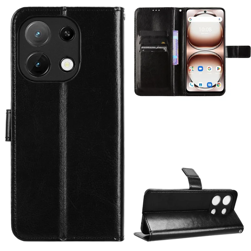 PU Leather Case For Umidigi Note 100  /  Note 100 5G  /  Note 100A Crazy Horse Texture Phone Wallet Cover - Black