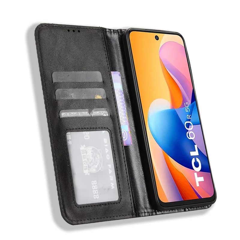 For TCL 60R 5G / TCL 60 5G Case Wallet Stand Retro Texture Leather Phone Cover - Black