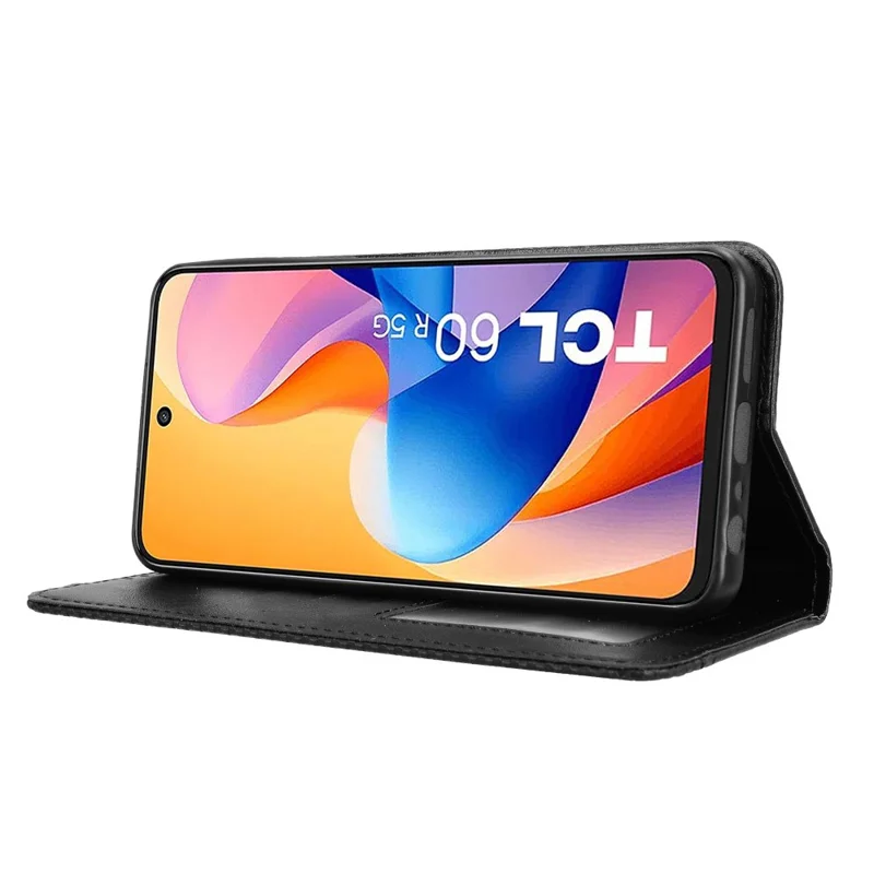 For TCL 60R 5G / TCL 60 5G Case Wallet Stand Retro Texture Leather Phone Cover - Black