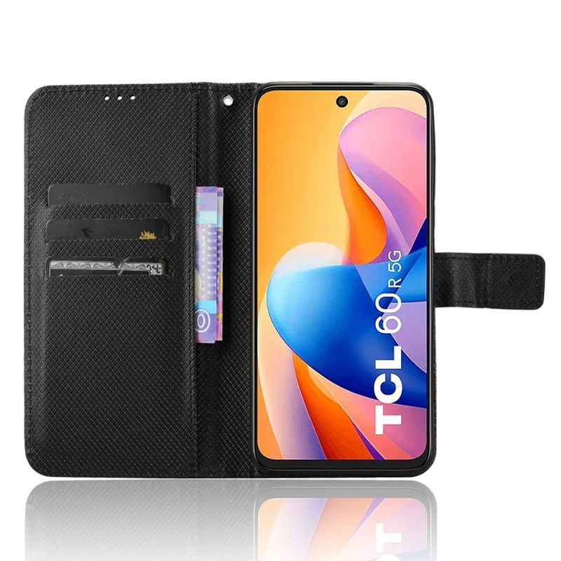 For TCL 60R 5G / TCL 60 5G Case PU Leather Diamond Texture Wallet Phone Cover - Black