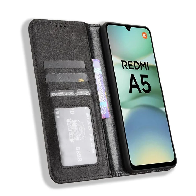 Чехол-кошелек для Xiaomi Redmi A5 4G (171,7 мм) / Poco C71 4G с подставкой, ретро-текстура, кожаный чехол для телефона - Черный