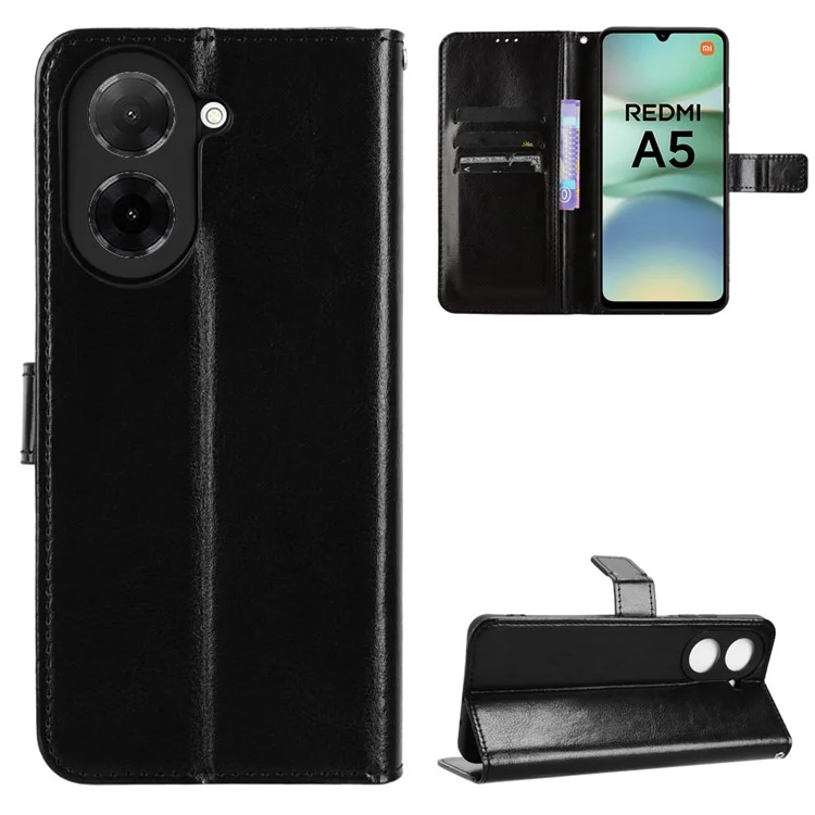 For Xiaomi Redmi A5 4G (171.7mm)  /  Poco C71 4G Case Crazy Horse Texture PU Leather Phone Wallet Cover - Black