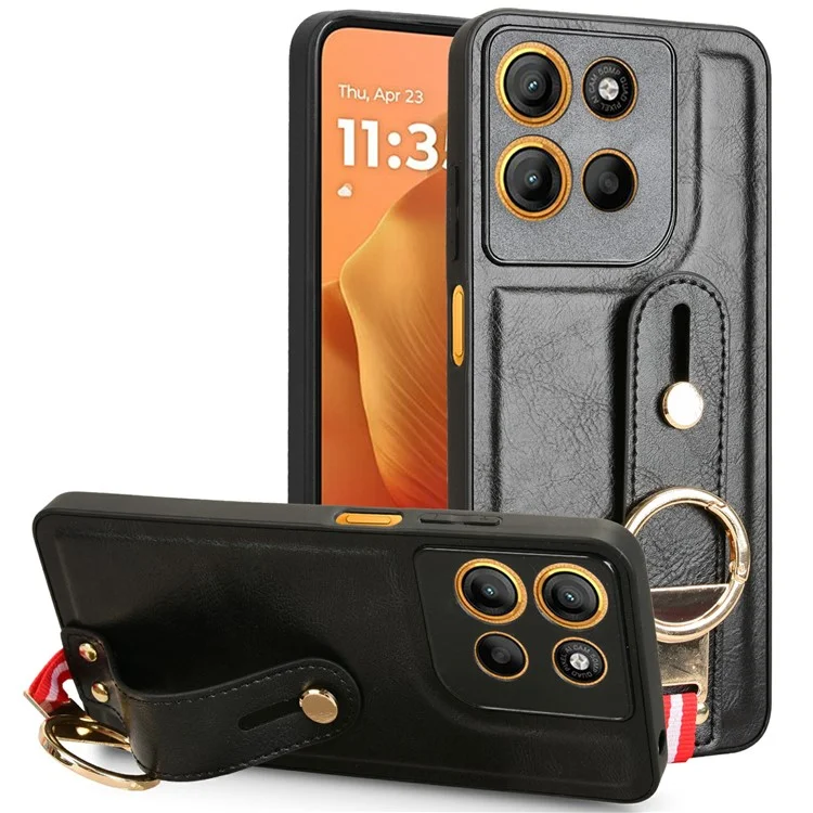 For Motorola Moto G15 4G / G15 Power 4G Case Wristband Kickstand Leather + PC + TPU Phone Cover with Bottle Opener - Black