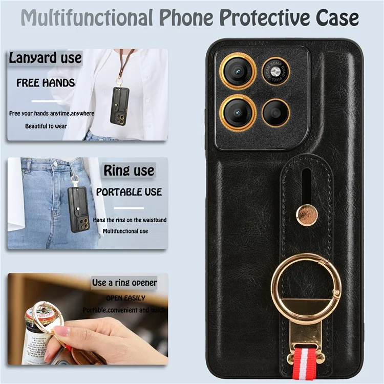 For Motorola Moto G15 4G / G15 Power 4G Case Wristband Kickstand Leather + PC + TPU Phone Cover with Bottle Opener - Black