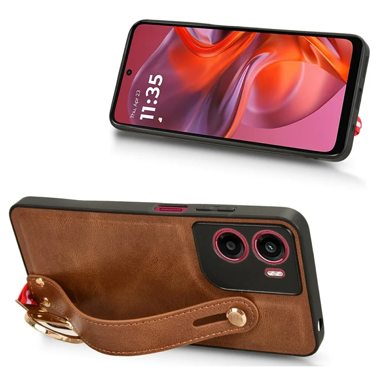 For Motorola Moto G05 4G / E15 4G Case Wristband Kickstand Leather + PC + TPU Phone Cover with Bottle Opener - Brown