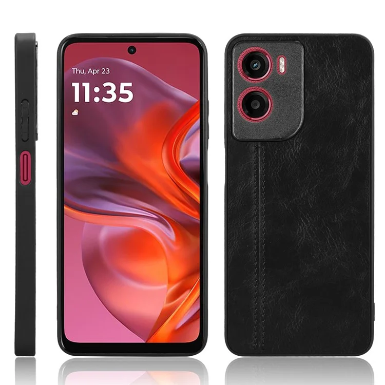 For Motorola Moto G05 4G  /  E15 4G Case Cowhide Texture Leather + TPU + PC Phone Cover Stitching Line - Black