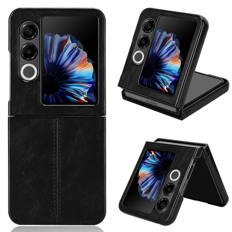 For ZTE nubia Flip2 5G A404ZT Case Cowhide Texture Leather + TPU + PC Phone Cover Stitching Line - Black