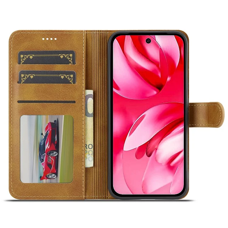 LC.IMEEKE Google Pixel 9a Hülle aus Kalbsleder mit Standfunktion und Brieftasche - Gelb